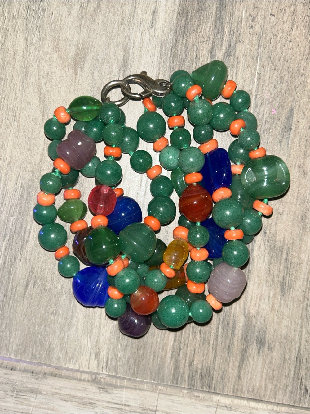 Beautiful sterling silver Colorful Beaded Bracelet jade?? Amber Coral and glass?